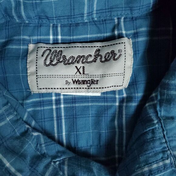 Vintage Wrangler Wrancher Mens XL Blue Plaid Snap Pearl Western Shirt - Picture 2 of 7